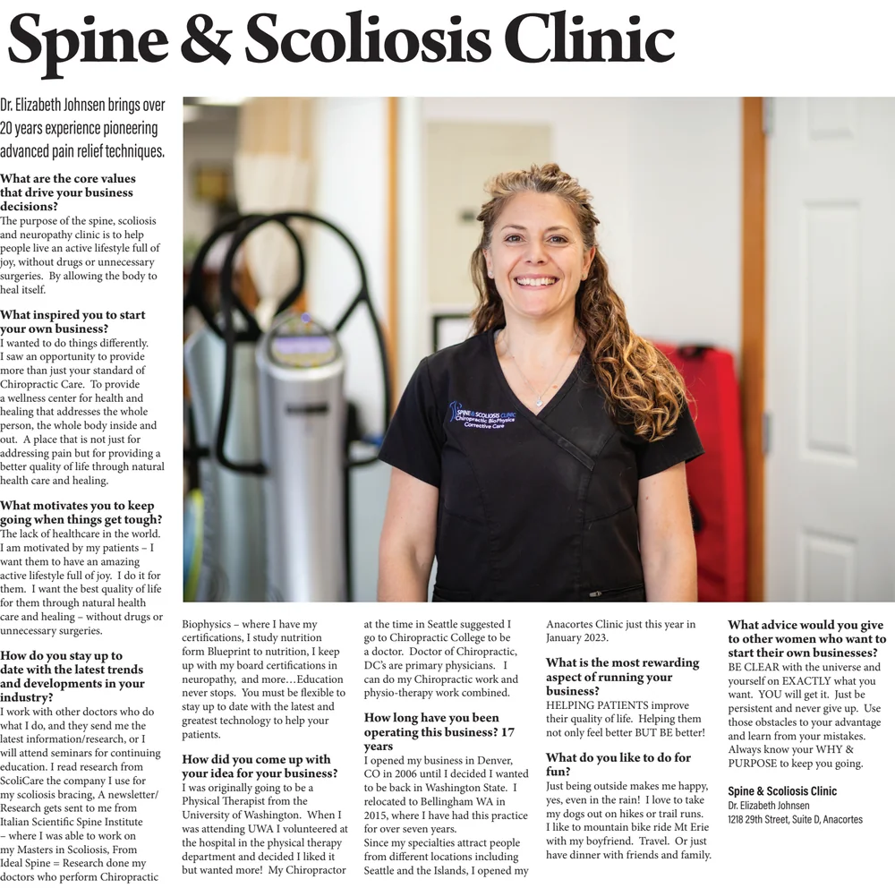 Newspaper feature on Dr. Elizabeth Johnsen and the Spine and Scoliosis Clinic, Women in Business 2024