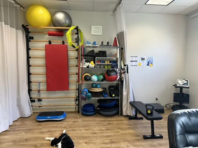 The rehab and exercise room, set up for guided movement